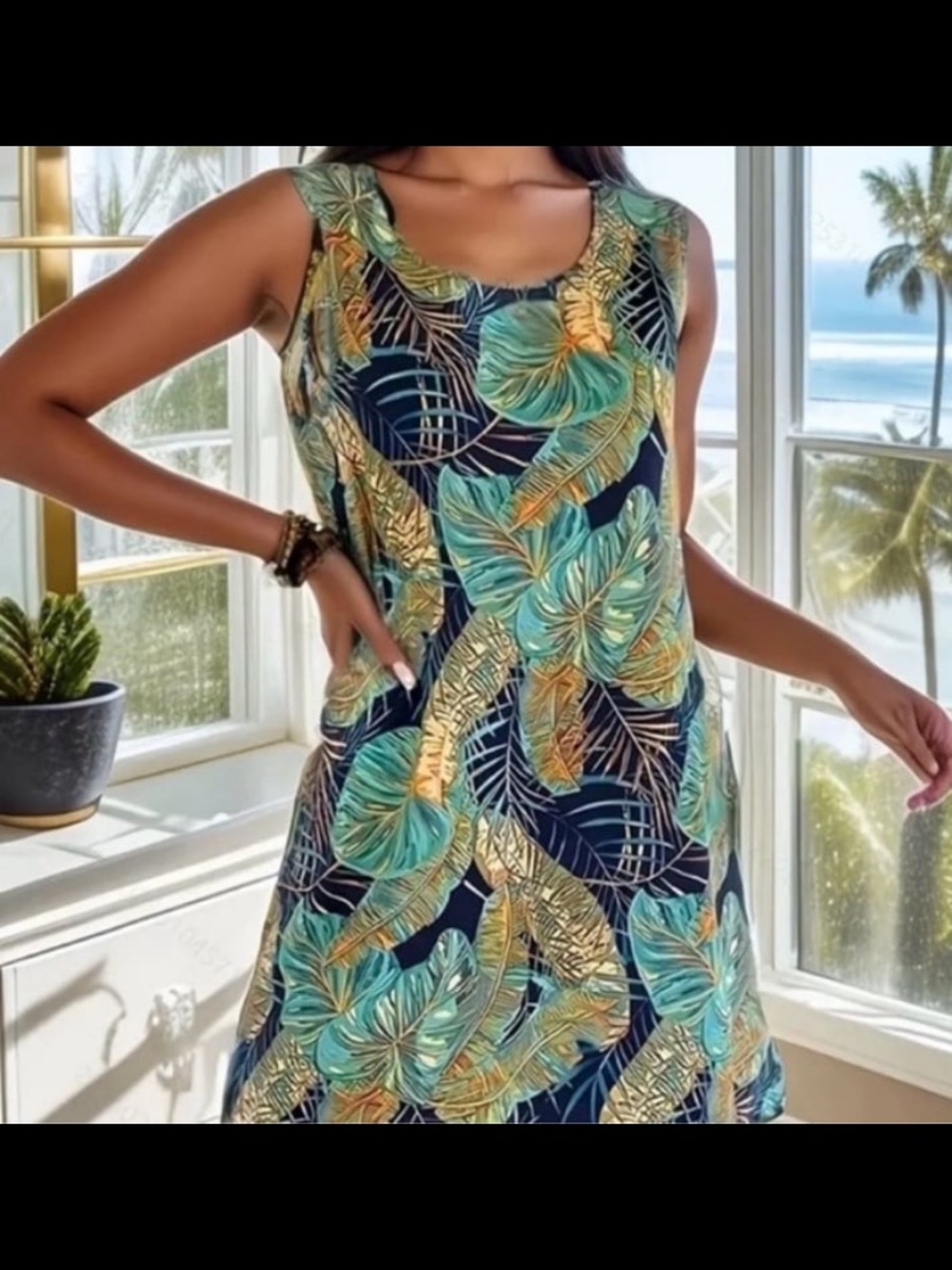 New! Women'S Tropical Leaf Print Sleeveless Dress. Black, Green & Beige. X-Large